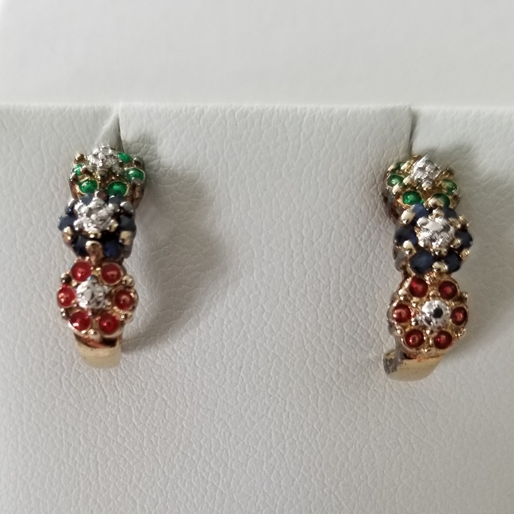 18kt Gf Over Sterling Ruby, Sapphire & Simulated Emerald Earrings.